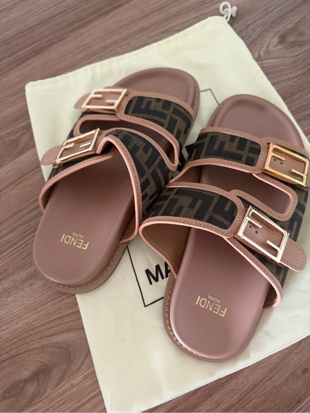 Luxury inspired Brown Logo Double-Buckle Slide Sandals - Picture 2 of 3